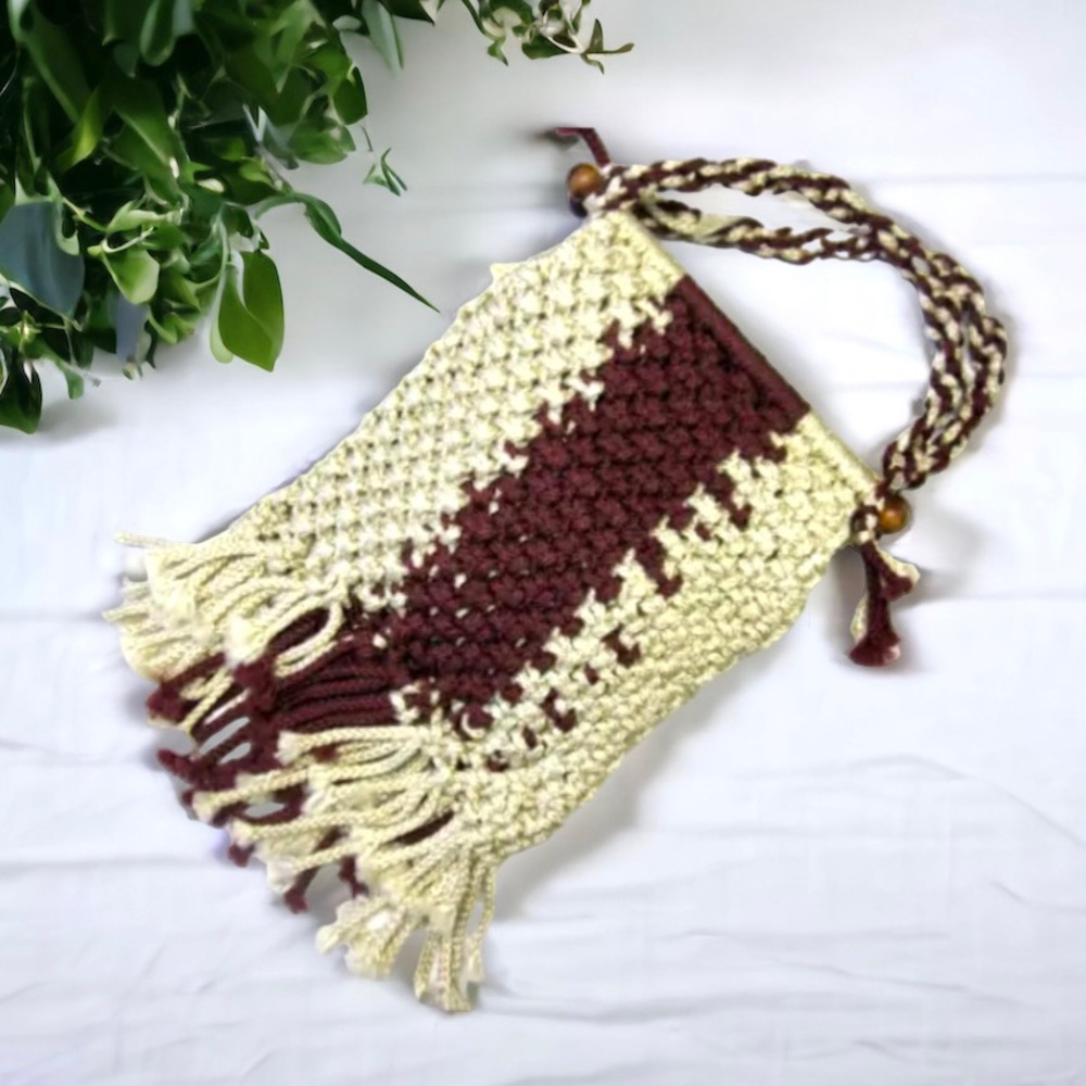 Vintage Macrame Fringed Purse Cream Brown Handbag